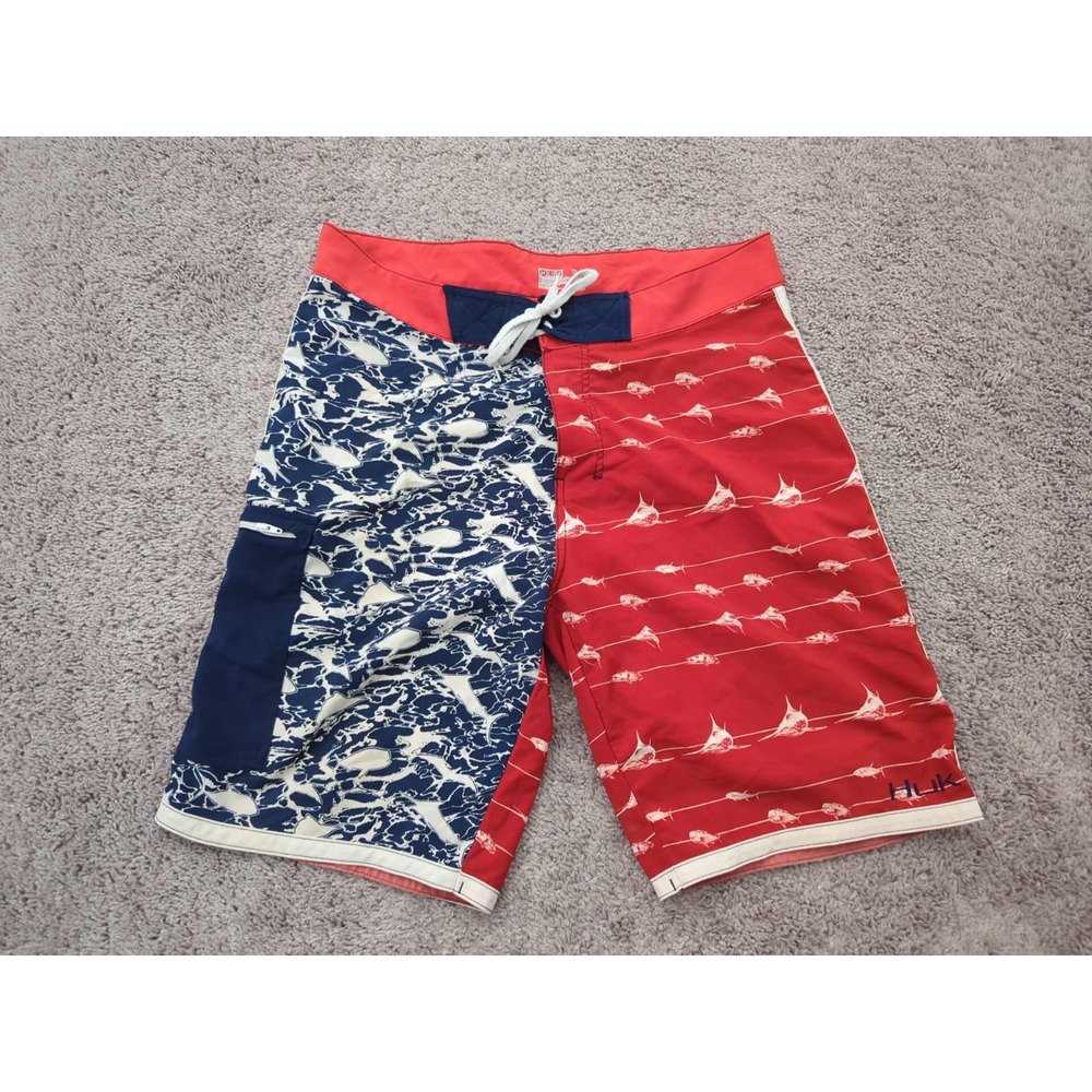 HUK Shorts 34 Red Blue KC Scott Flag Inseam: 10" Performance Fishing Casual